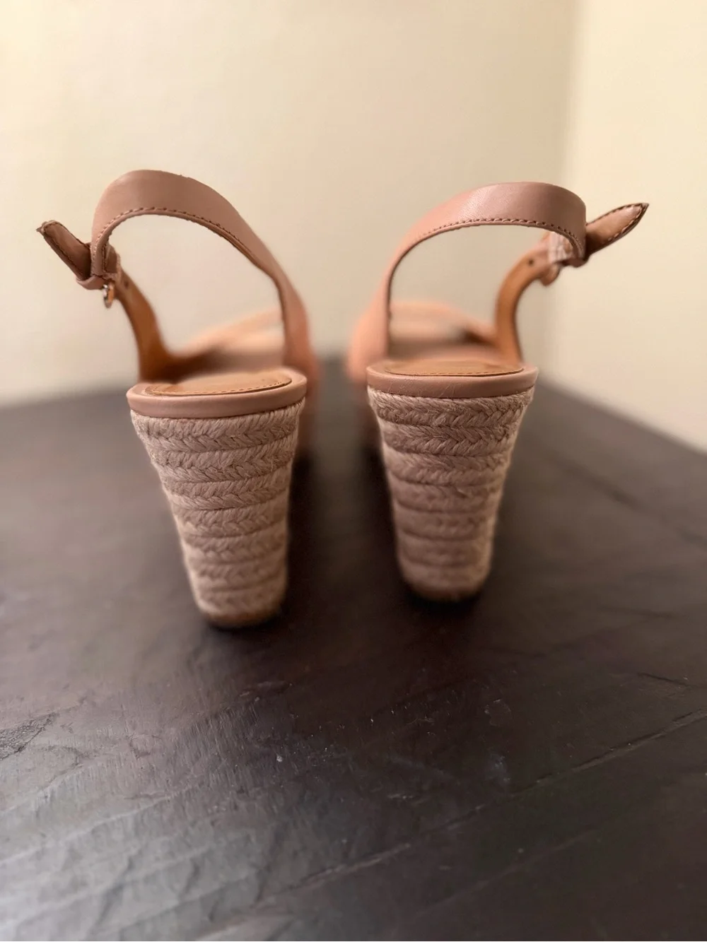 Coach Tan Leather Peep-Toe Slingback Wedges with Gold Logo